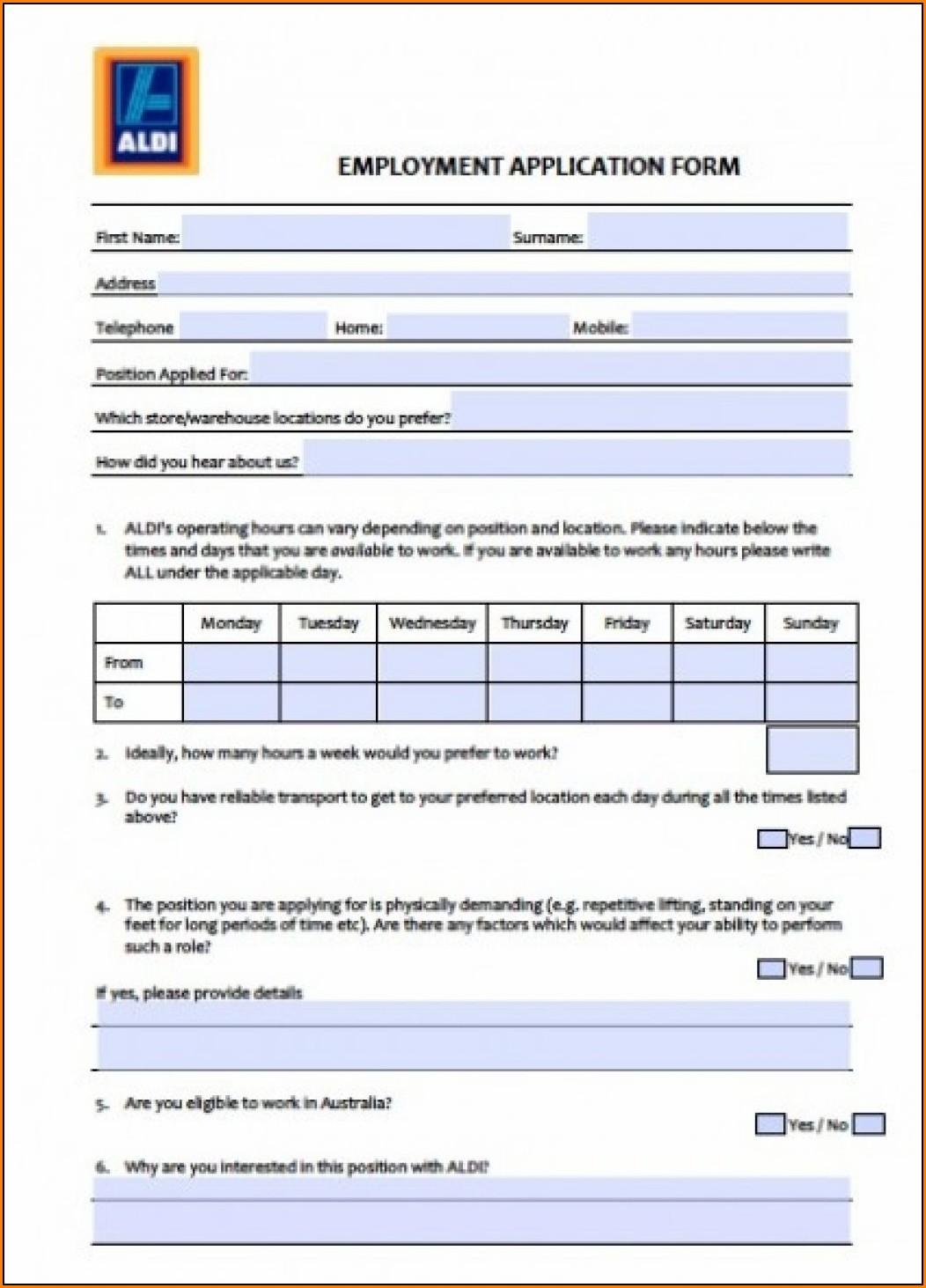 Aldi Jobs Application Form