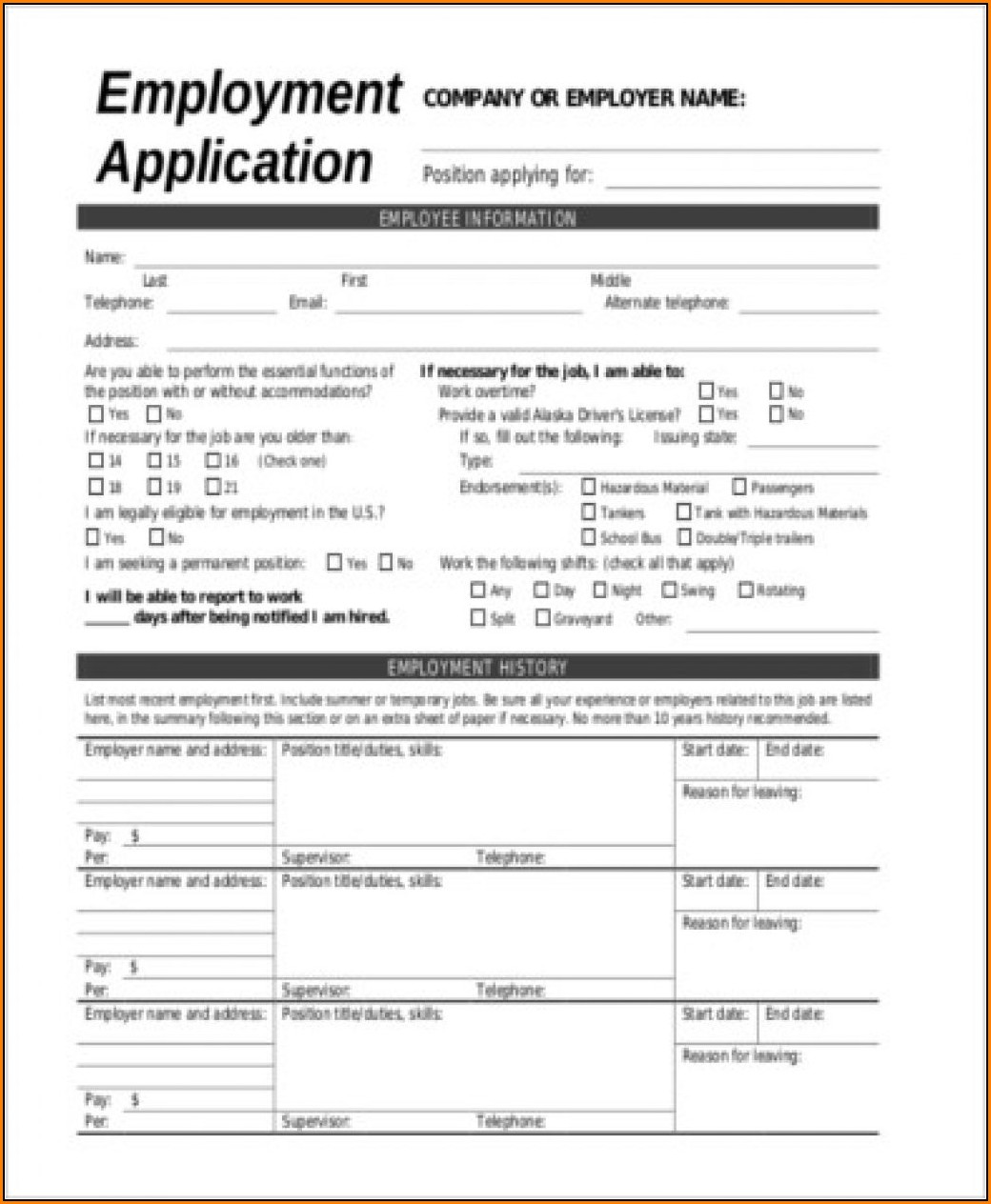 Blank General Employment Application Form