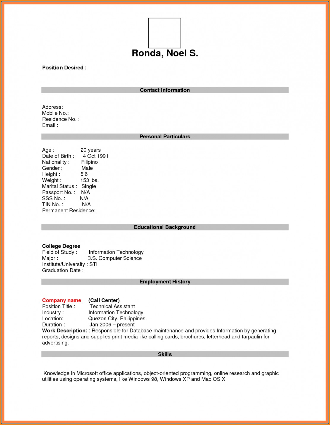 Blank Resume Form For Job Application Download