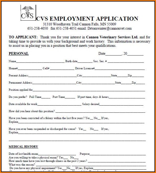 Cvs Job Application Form Pdf