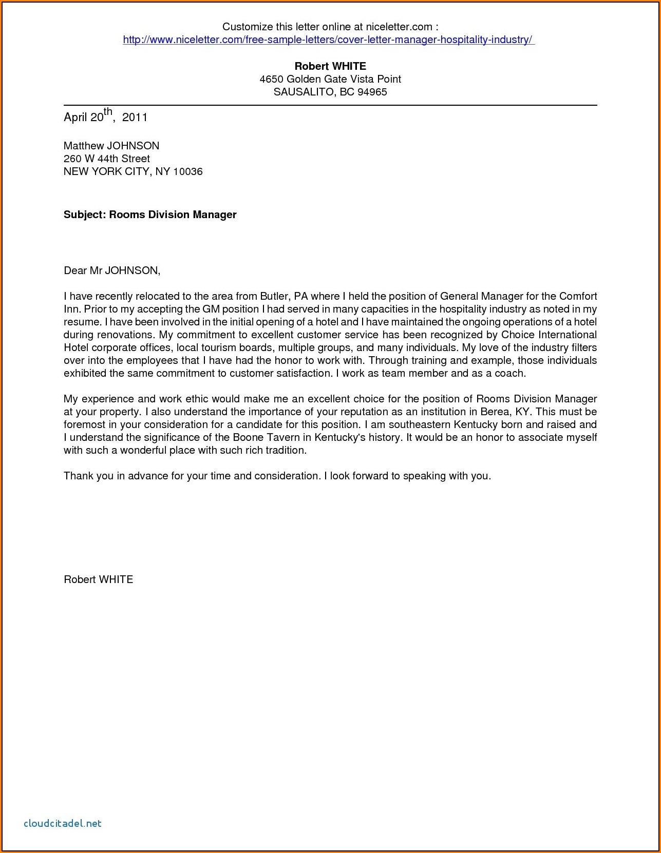 Example Application Letter For Hotel And Restaurant Management