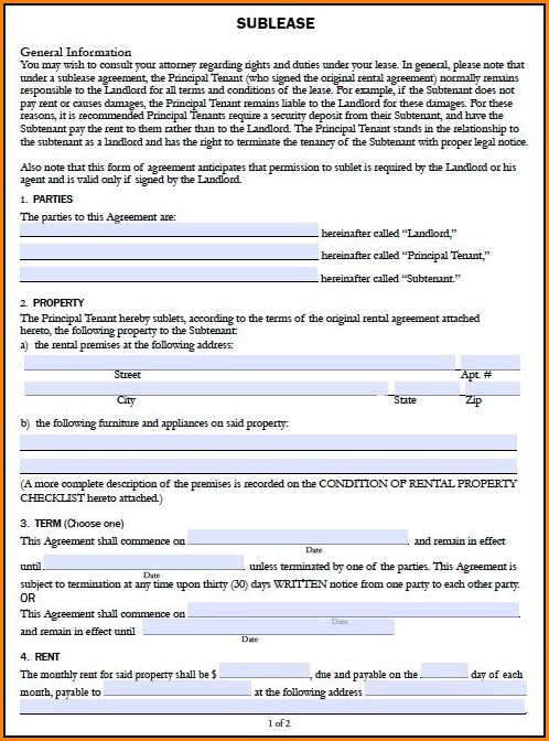 Sublease Agreement Form Pdf