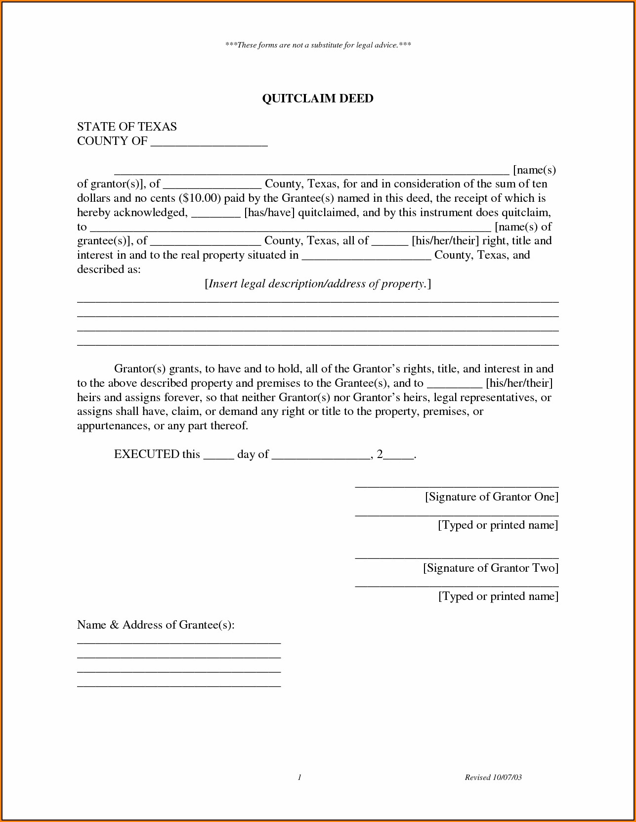 Texas Quit Claim Deed Form Example