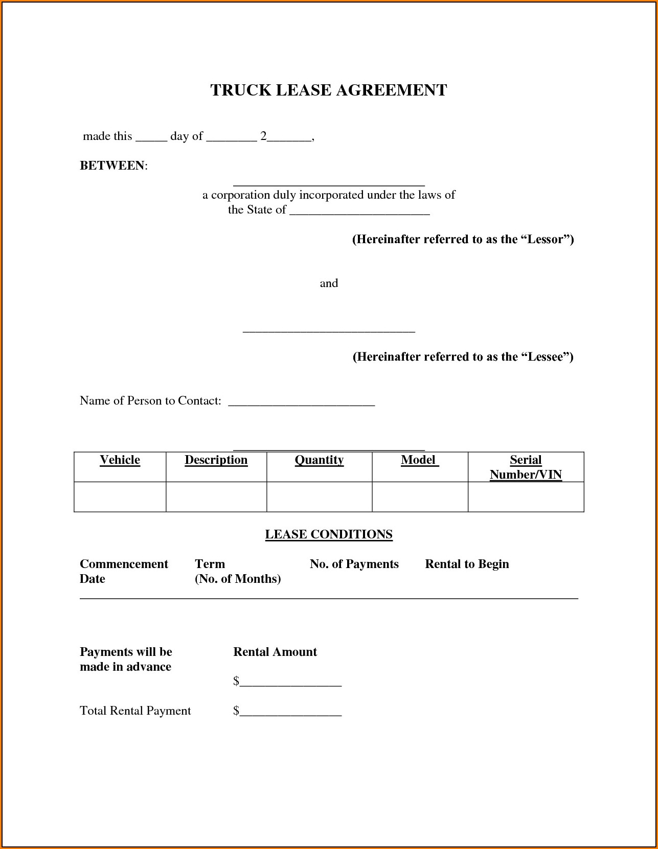 Truck Lease Agreement Template Free