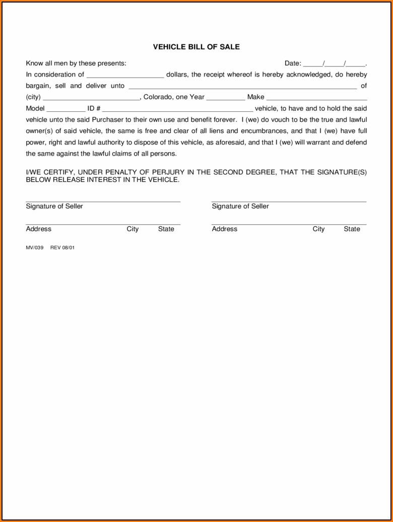 Motor Vehicle Bill Of Sale Colorado Word Template