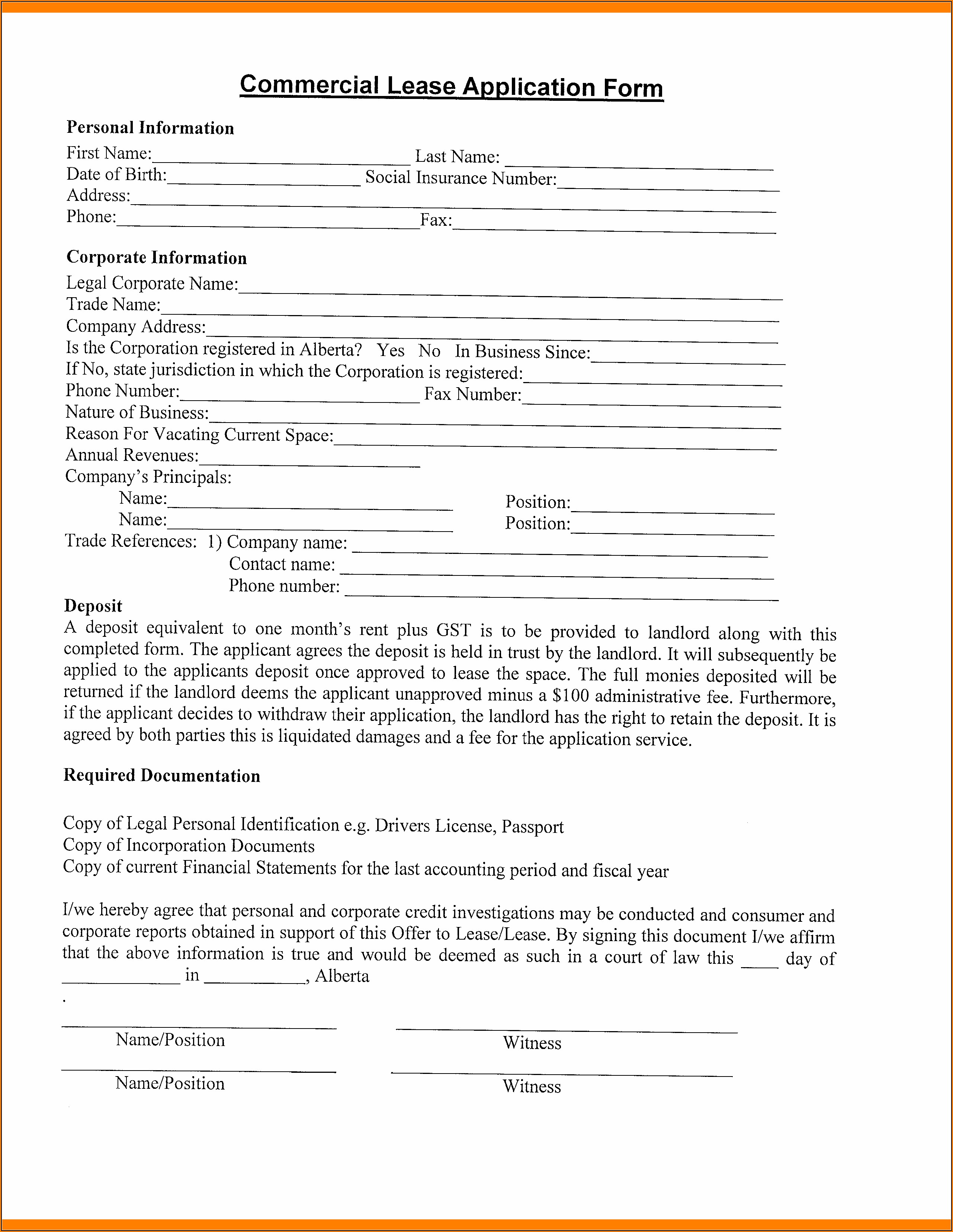 Blank Lease Application Commercial Form