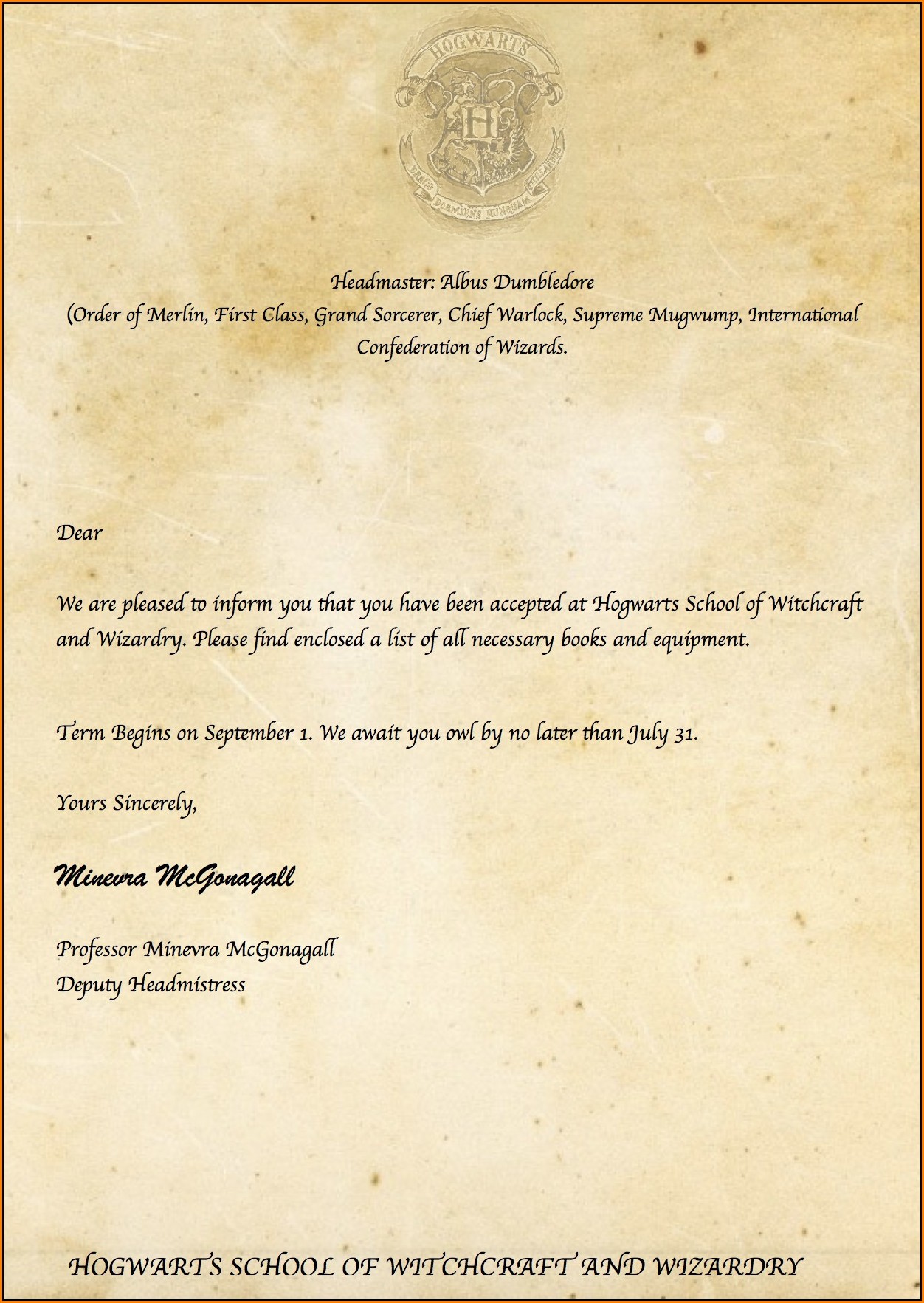 Editable Hogwarts Acceptance Letter Template
