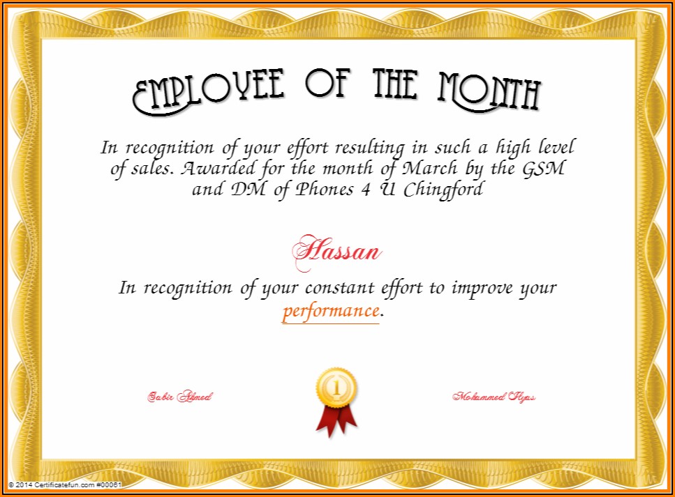 Employee Of The Month Certificate Template Word Free