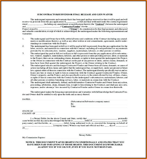 Free Subcontractor Lien Waiver Form