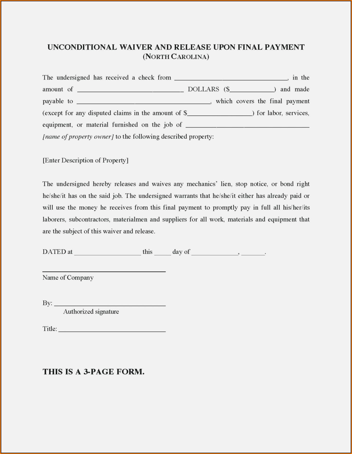 Lien Waiver Form With Notary
