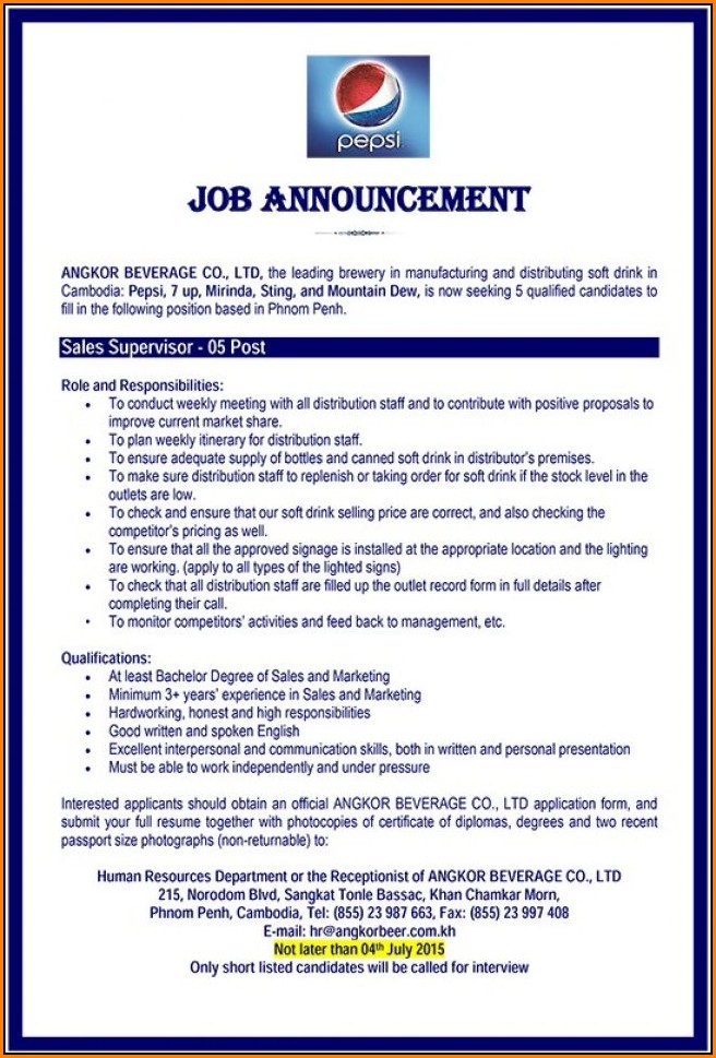 Pepsi Job Application Form