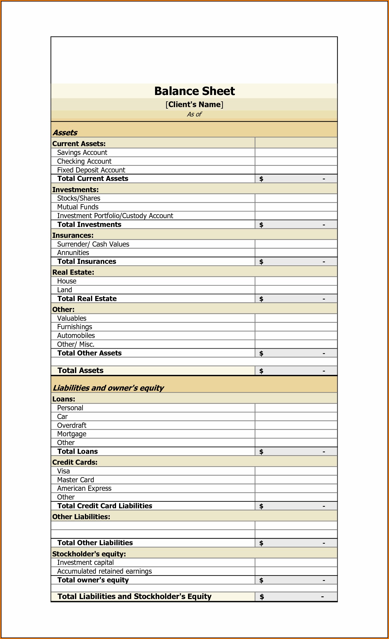 Real Estate Balance Sheet Template