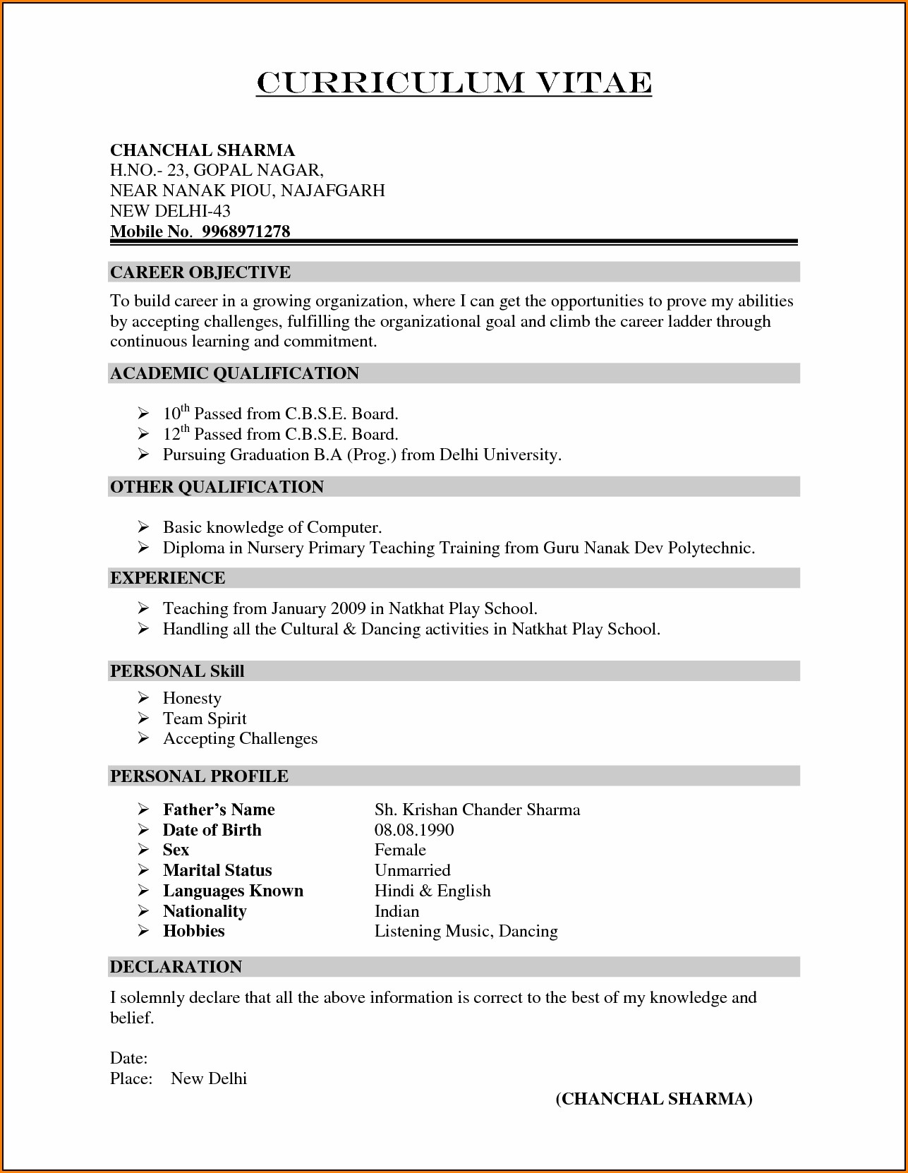 Resume Template For Teachers In India Resume Resume Examples