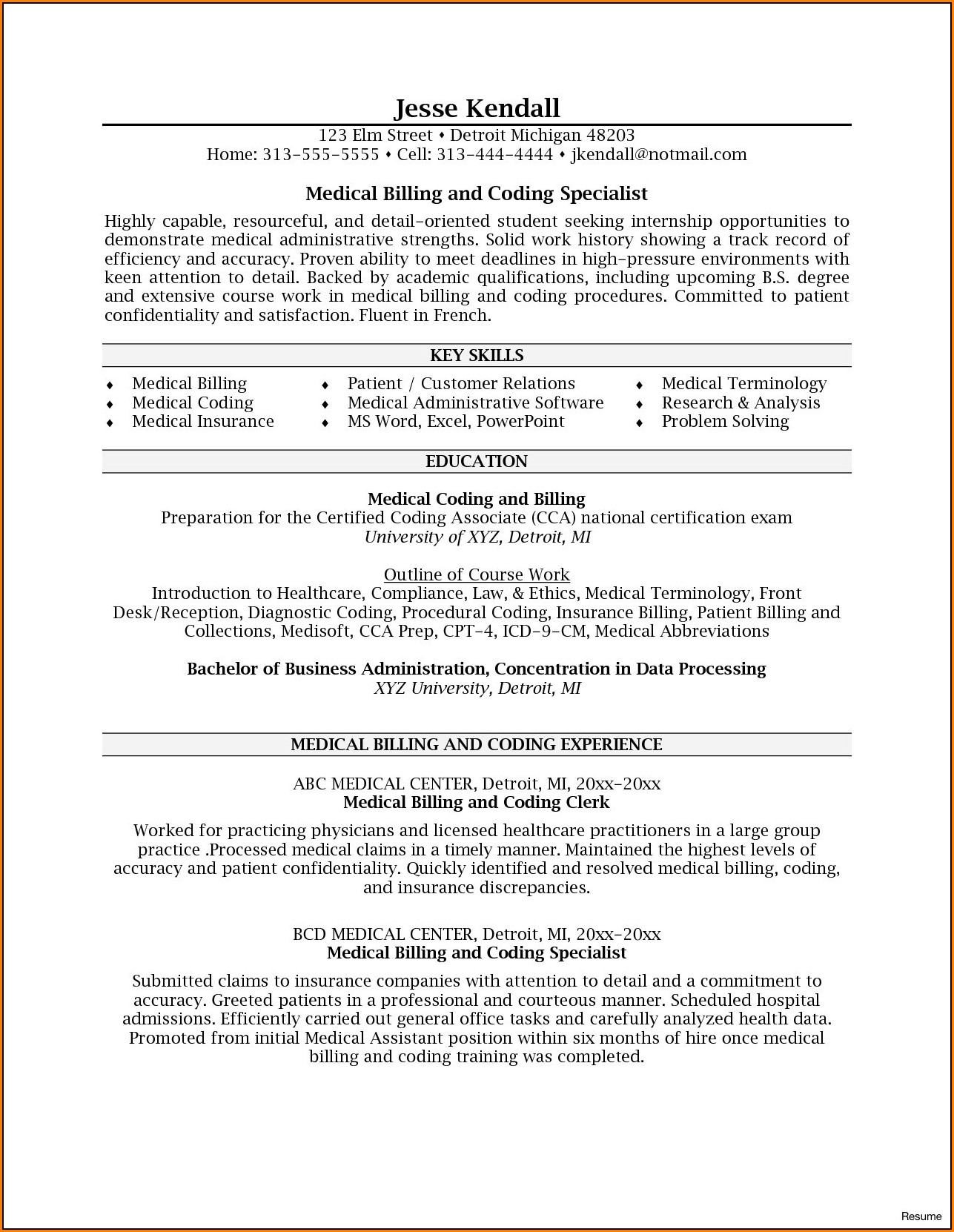 Sample Resume For Medical Billing And Coding