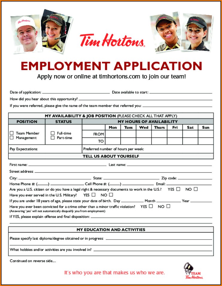 Tim Horton Application Form Canada