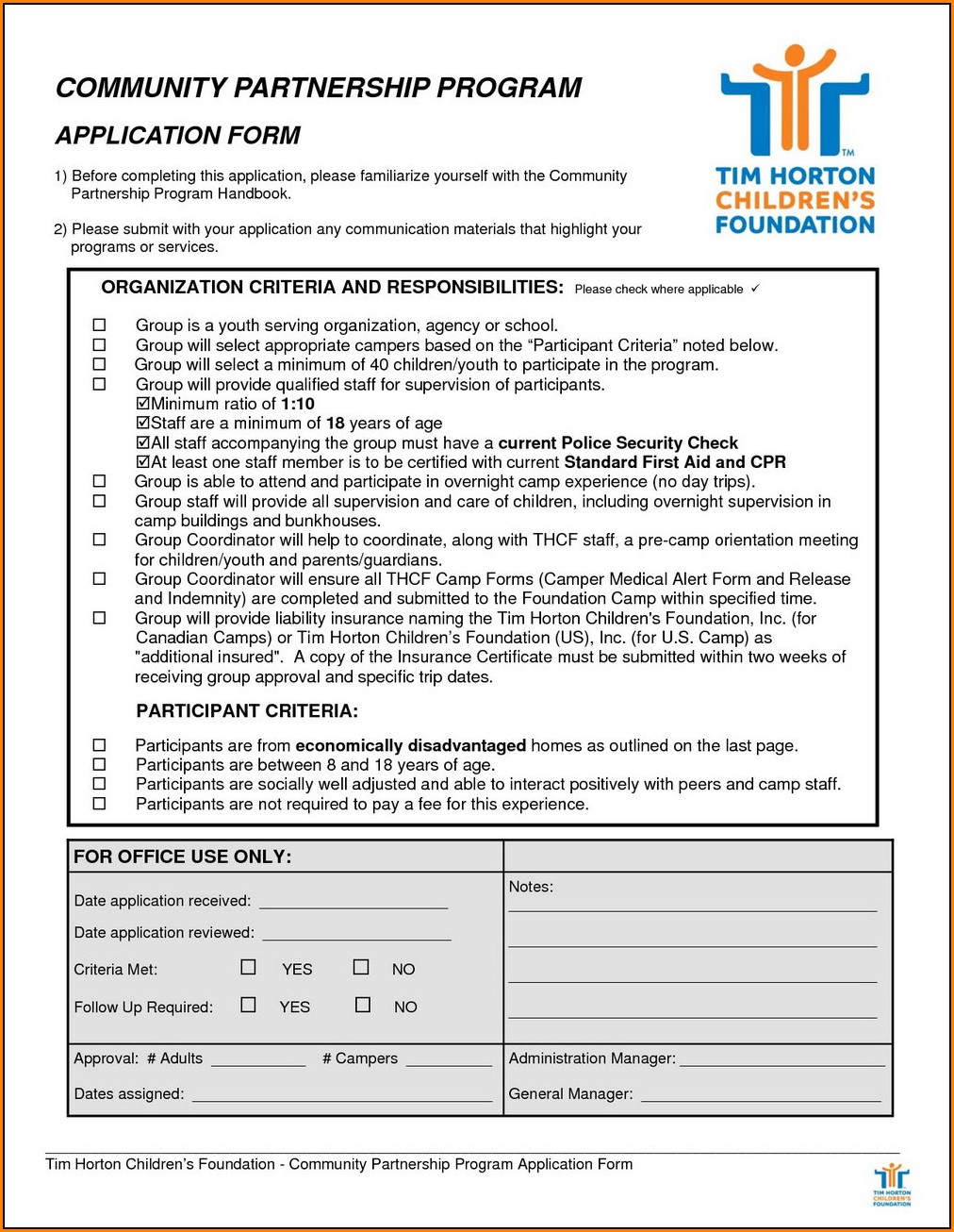 Tim Horton Job Application Form