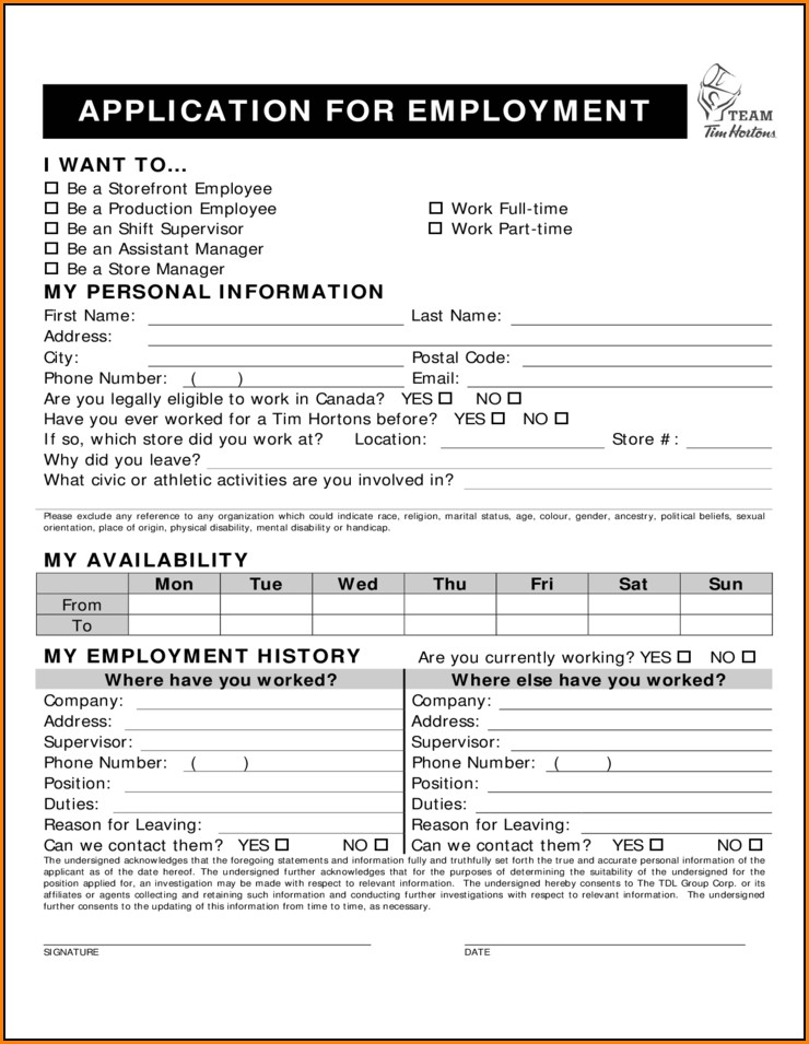 Tim Hortons Employment Application Form Pdf