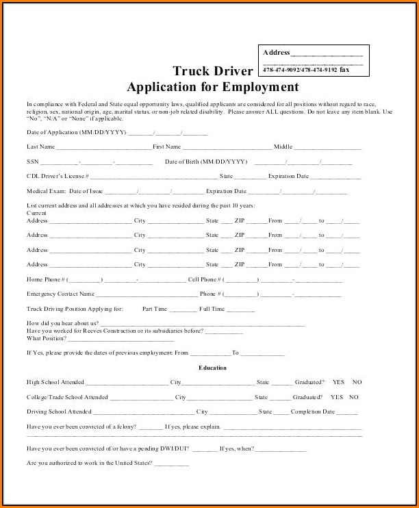 Truck Driver Employment Application Form Template