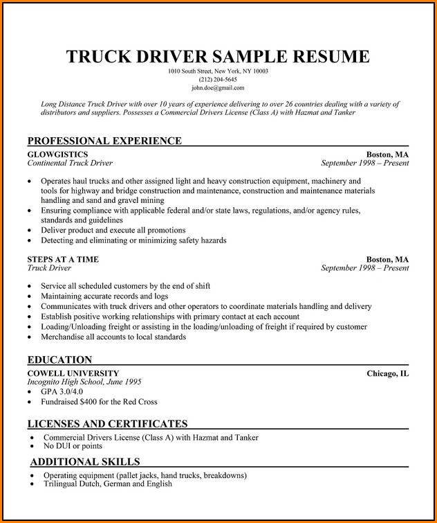 Truck Driver Resumes Examples
