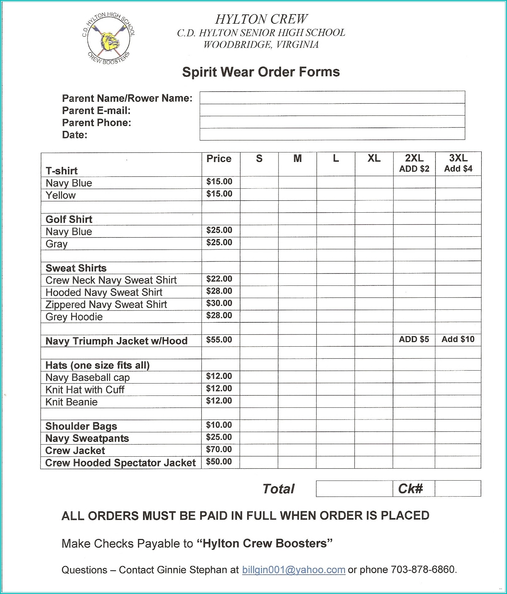 Sample T Shirt Order Form In Excel