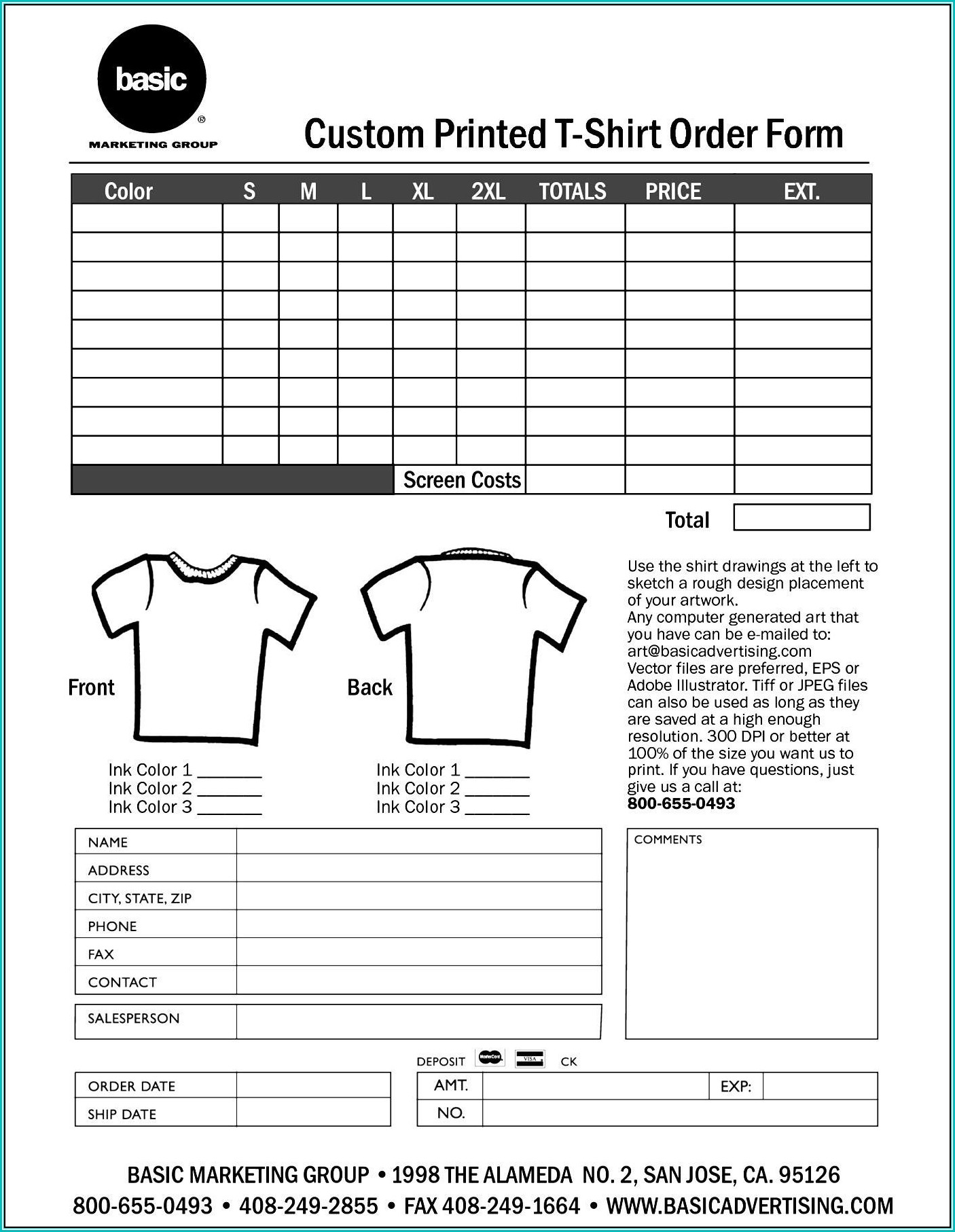 Sample T Shirt Order Form Template