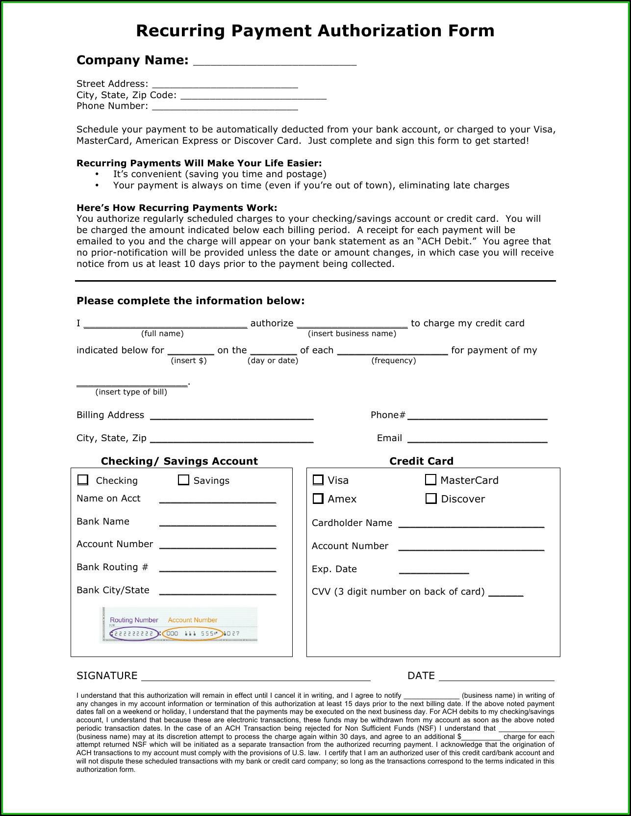 Ach Credit Card Authorization Form