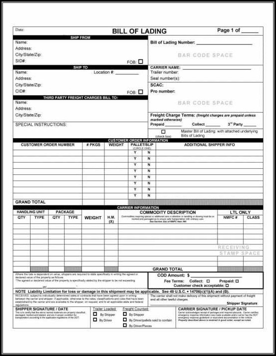 Bill Of Lading Forms Printable