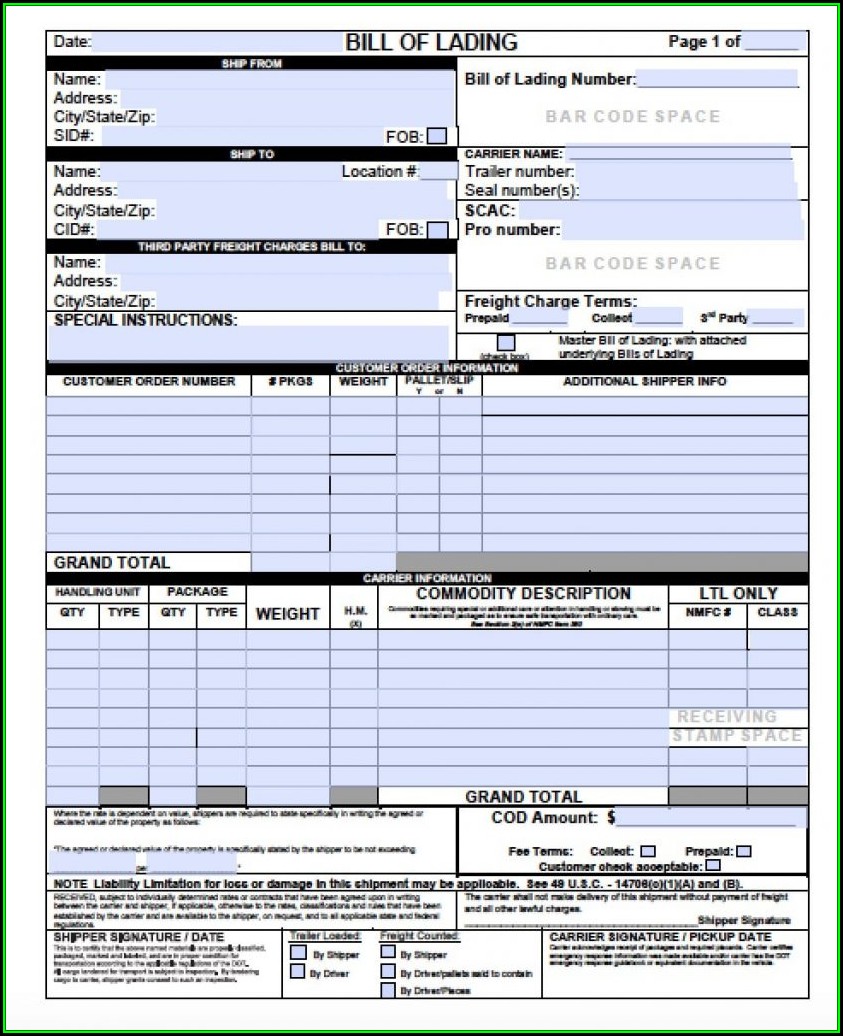 Blank Bill Of Lading Template Free