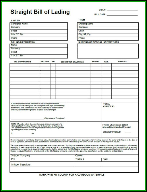 Blank Bill Of Lading Template