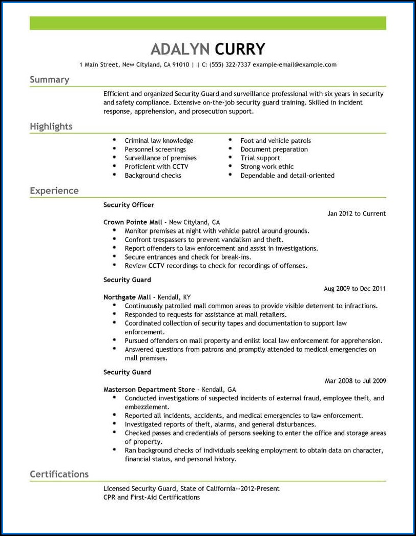 Example Of Security Guard Resume
