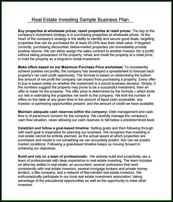 Business Plan Template For Real Estate Investor