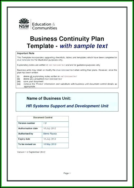 Business Continuity And Disaster Recovery Plan Template Uk