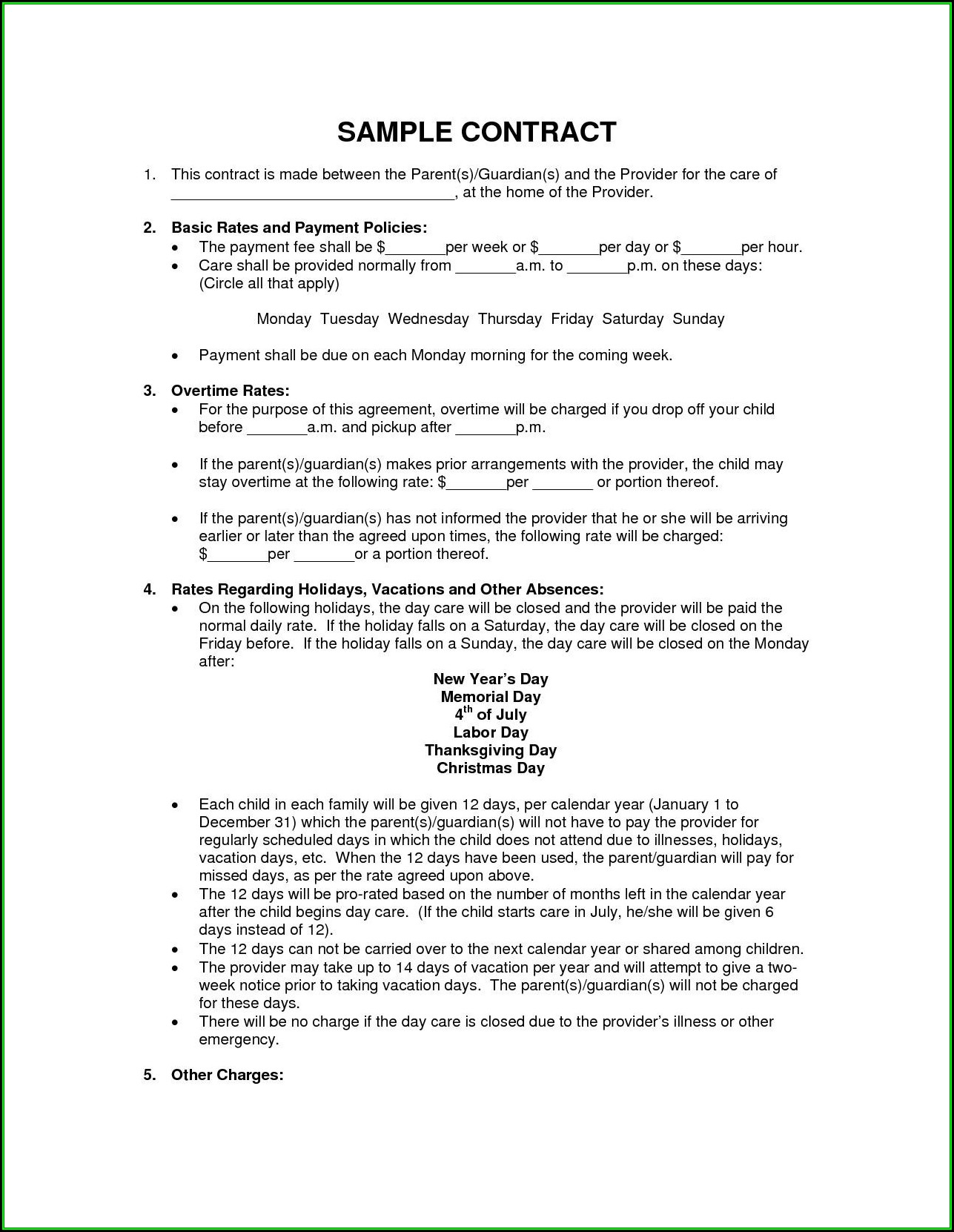 Daycare Contract Templates Ontario