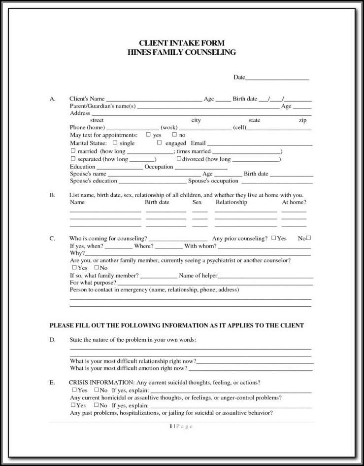 Couples Counseling Intake Form Template