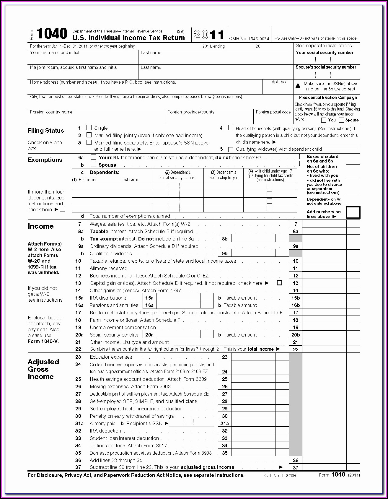 Fillable 1040 Form 2011
