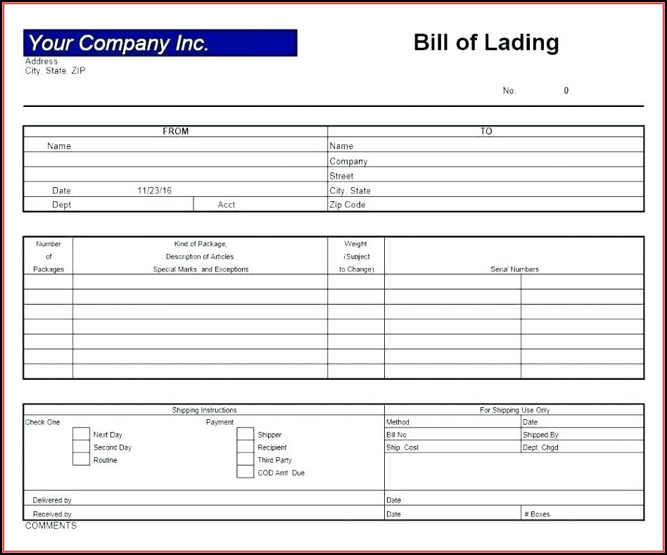 Free Bill Of Lading Form
