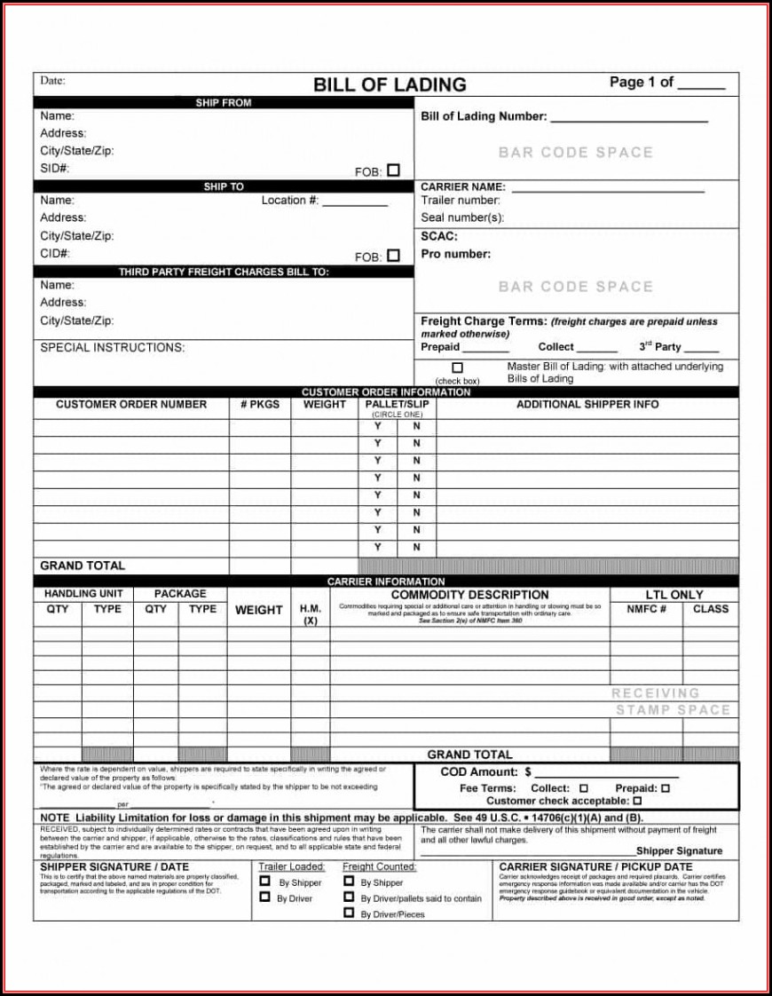 Free Bill Of Lading Template Downloads