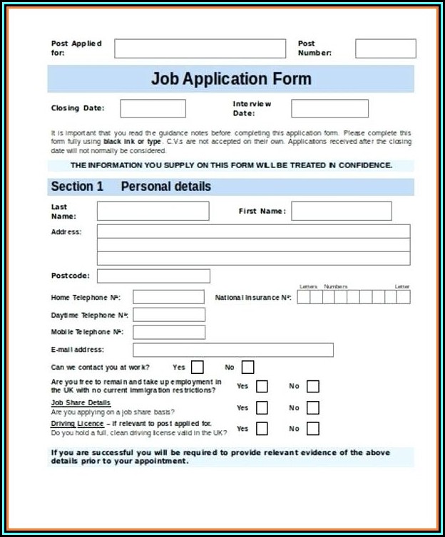 Free Job Application Form Template Word Uk