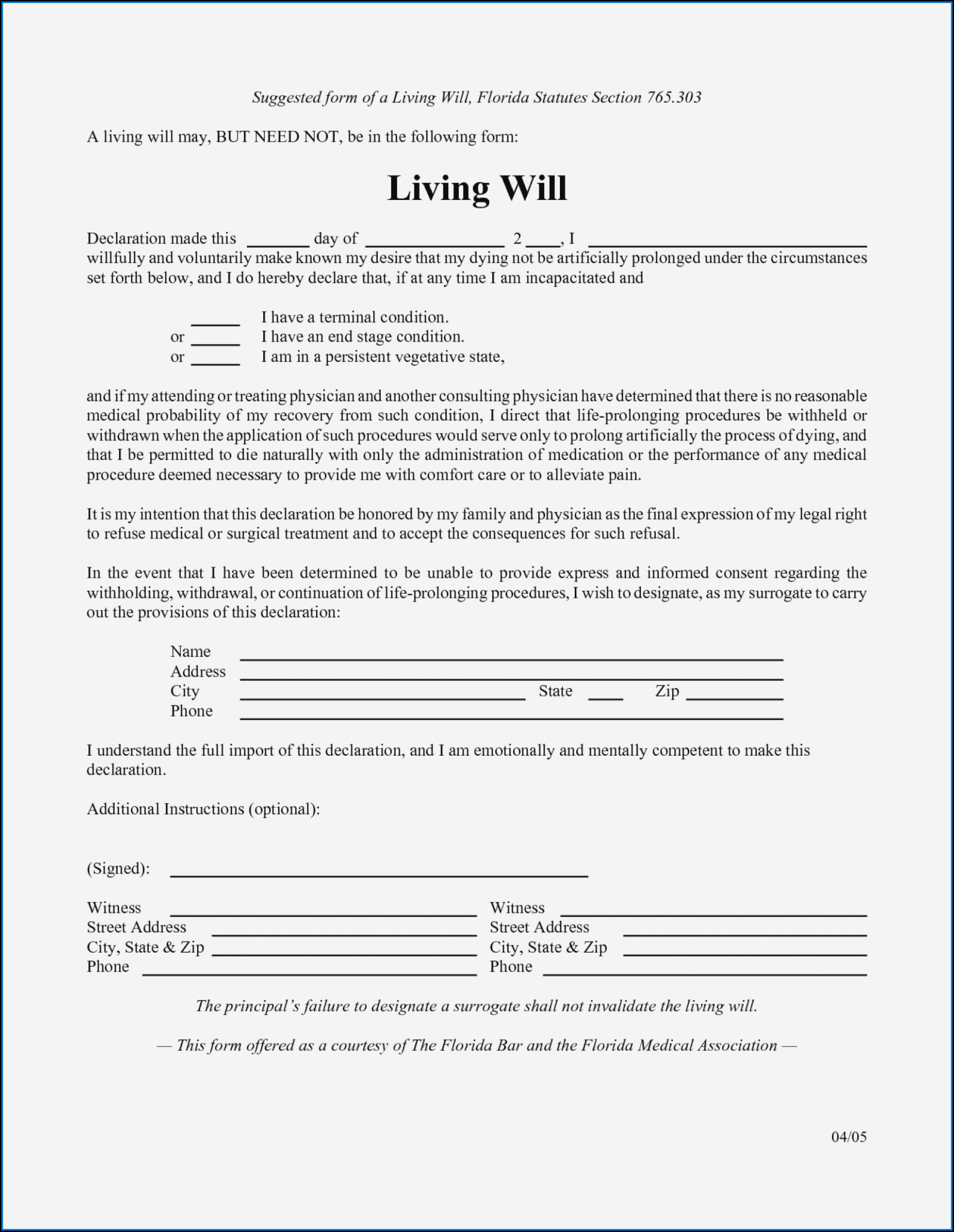 Free Printable Living Will Forms Florida