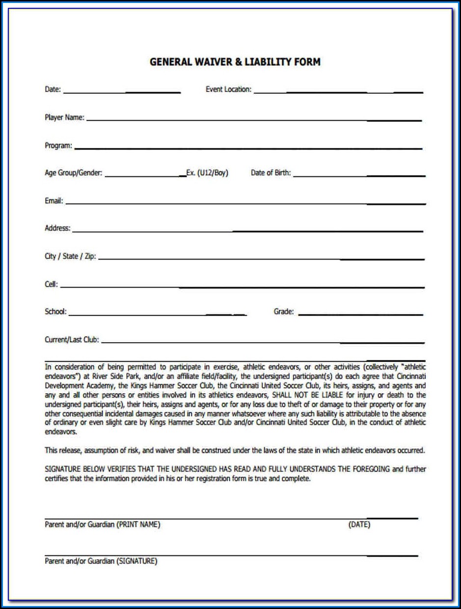 General Liability Waiver Form Sample