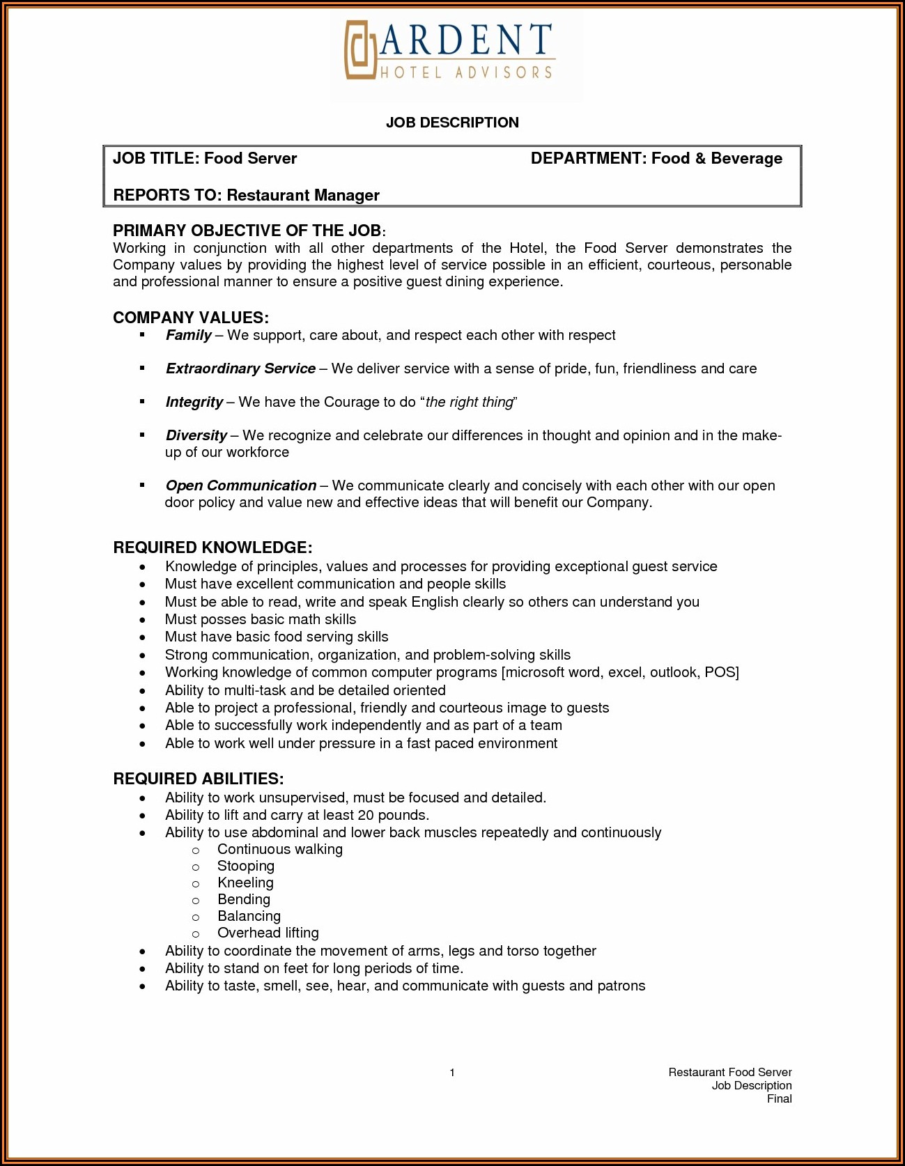Hotel Maintenance Job Description Resume