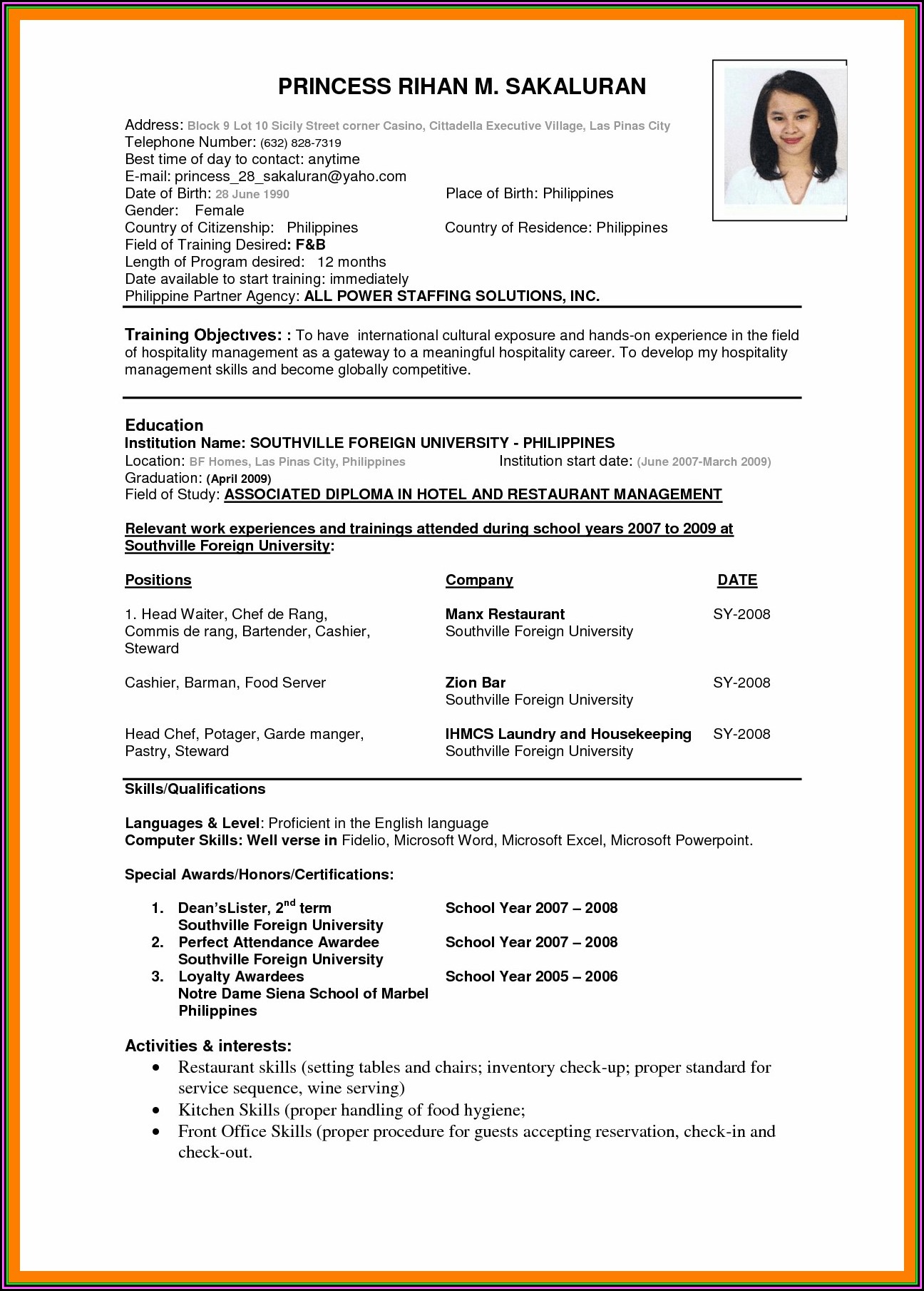 International Standard Resume Format Doc