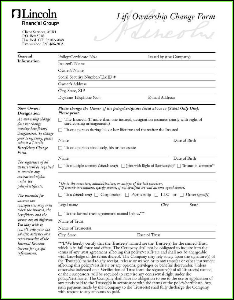 Lincoln National Life Insurance Company Change Of Ownership Form