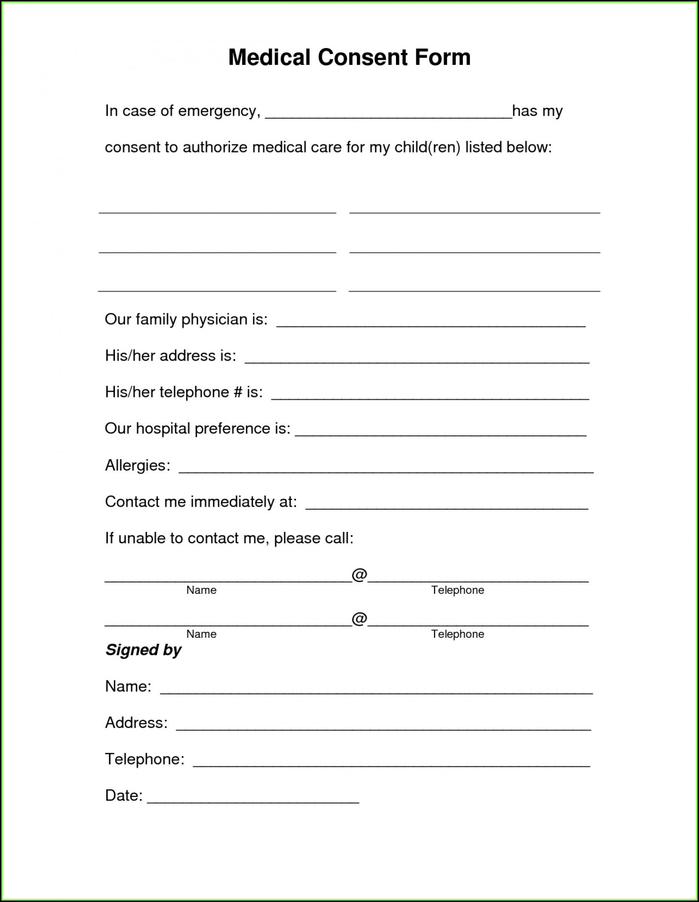 Medical Consent Form For Babysitter Template