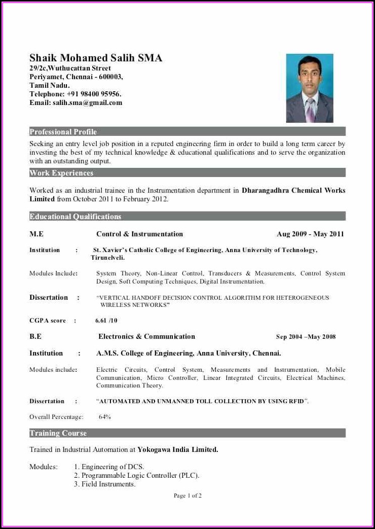 Resume For Freshers Engineers