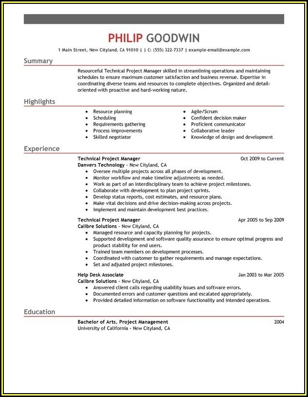 Resume Template For Project Manager