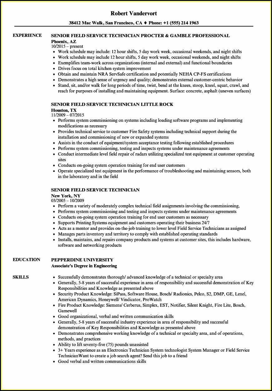 Sample Resume For Field Service Technician