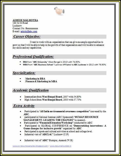 Sample Resume For Freshers Mba Hr And Marketing