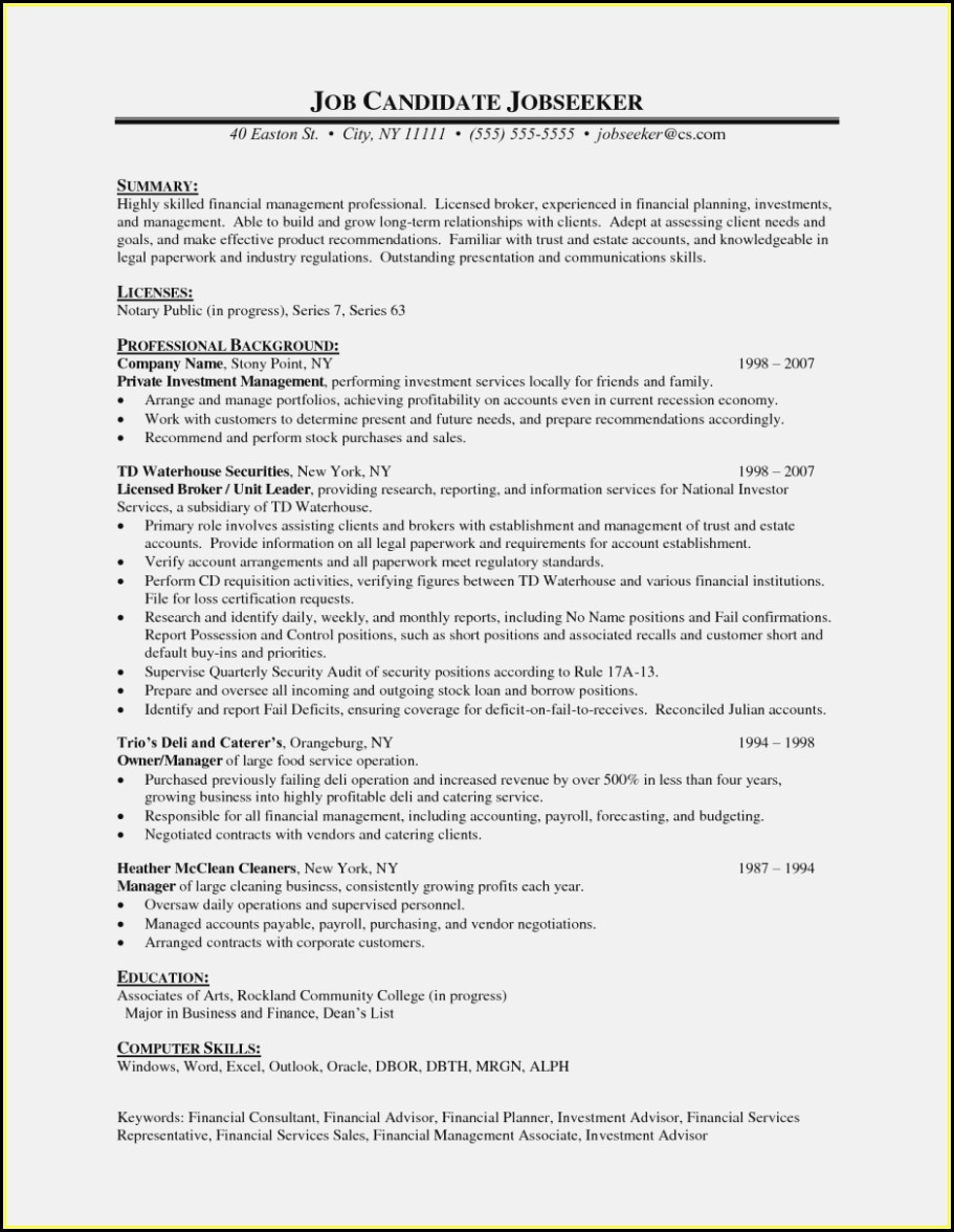 Sample Resume Of Financial Advisor