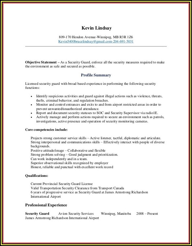 Sample Resume Of Security Guard In Canada